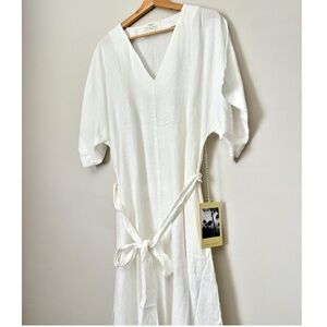 Birds of Paradis Beachy Coastal Style Ivory Linen V-Neck Belted Split Midi Dress